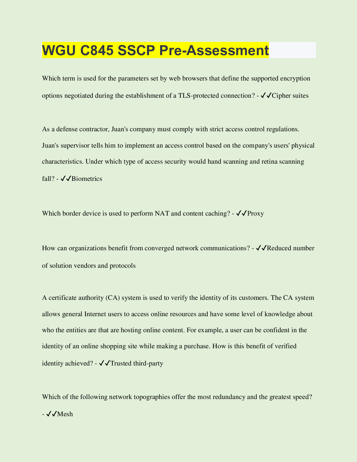 Preview of WGU C845 SSCP Pre-Assessment  | 60 Questions with 100% Correct Answers | Verified | Latest